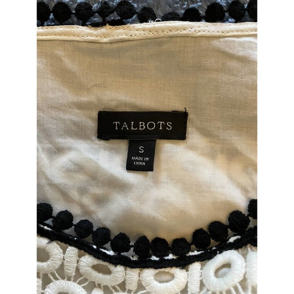 TALBOTS Women Size S Stripe Eyelet Lace Overlay Pullover Top Neutral Ivory/Black - Picture 4 of 6